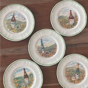 Longchamp Wine-Themed Ceramic Plates with Green Rim